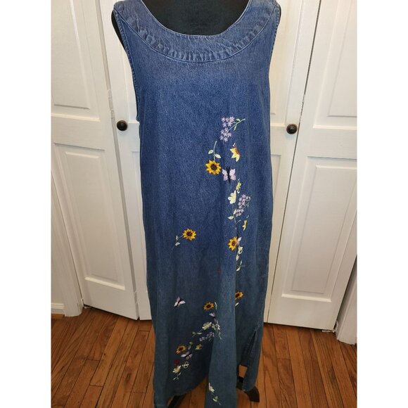 Vintage 90s Denim Sleeveless Maxi Dress/Jumper L Embroidered Cottage Fairy - Picture 1 of 8